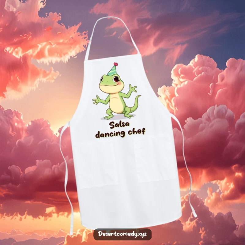 Funny apron showing a giggling lizard wearing a party hat, performing a silly jig, adding a humorous touch to cooking and baking.
