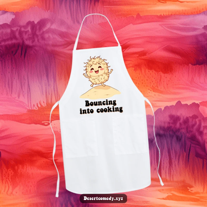 Funny apron featuring a smiling tumbleweed bouncing across a sandy dune, ideal for adding humor to kitchen duties.