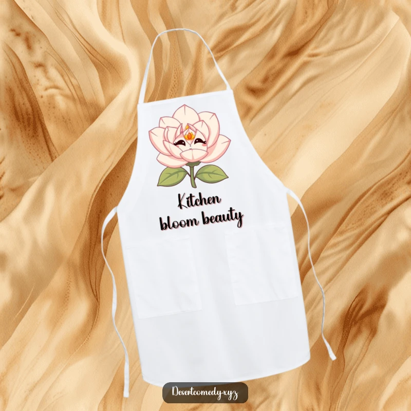 Funny desert rose apron with simple eyes, giggling vibrantly while cooking, adding cheer to the kitchen.