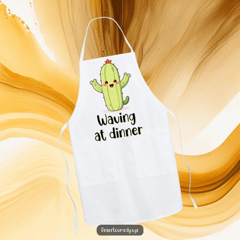 Funny apron featuring a happy saguaro cactus waving its arms with glee, adding a cheerful desert touch to kitchen tasks.