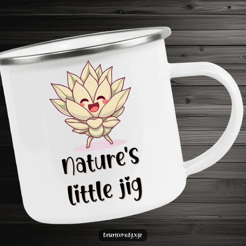 Funny camping mug featuring a cheerful agave plant doing a silly dance, ready to liven up any outdoor gathering.