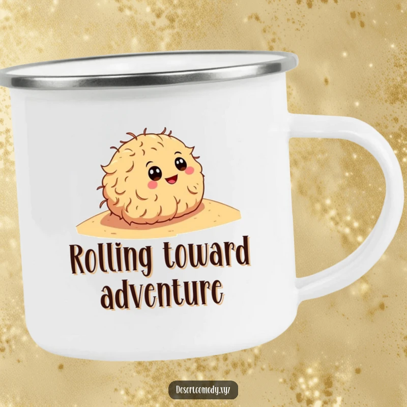 Funny camping mug with a happy tumbleweed with cartoon eyes, rolling down a sandy dune, ideal for outdoor enthusiasts.