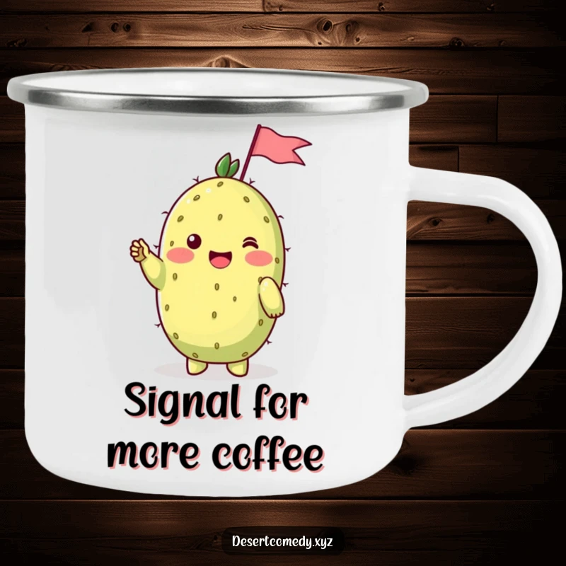 Funny camping mug with a cheerful prickly pear cactus on shy blushing cheeks, waving a tiny flag, ideal for outdoor enthusiasts.