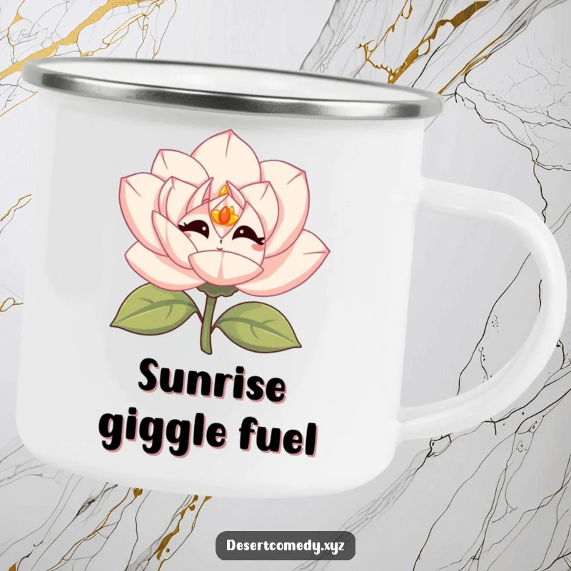Funny desert rose camping mug with simple eyes, giggling vibrantly, ready for outdoor enjoyment.