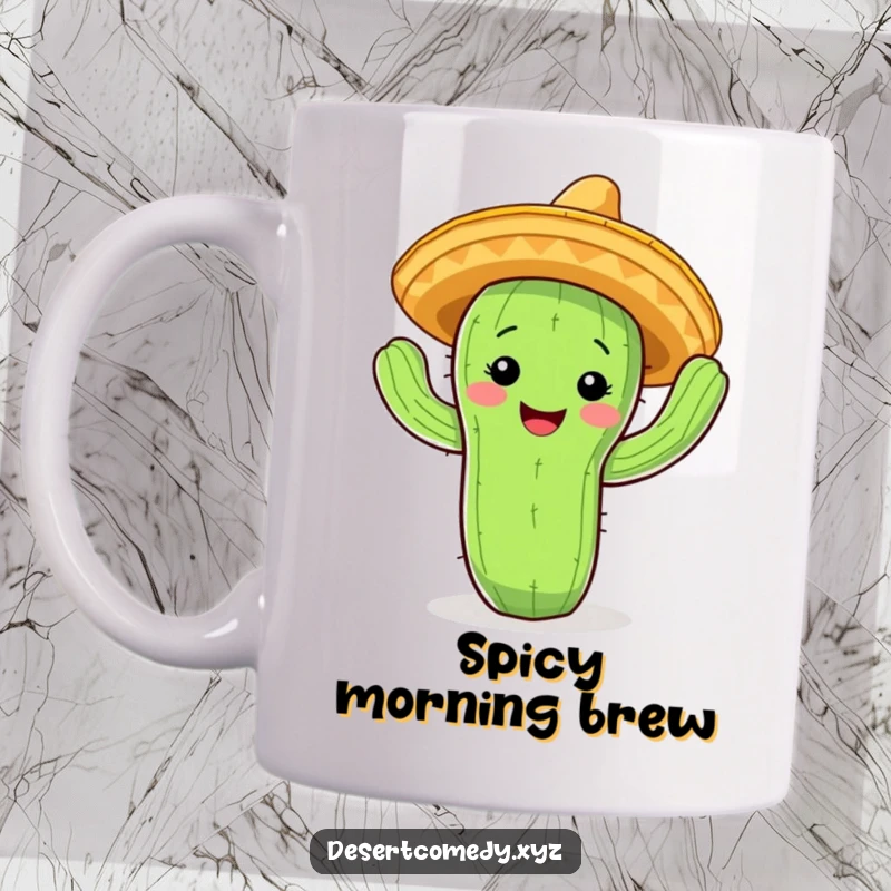 Funny cactus mug smiling widely, wearing a tiny sombrero, and enthusiastically doing a lively jig.