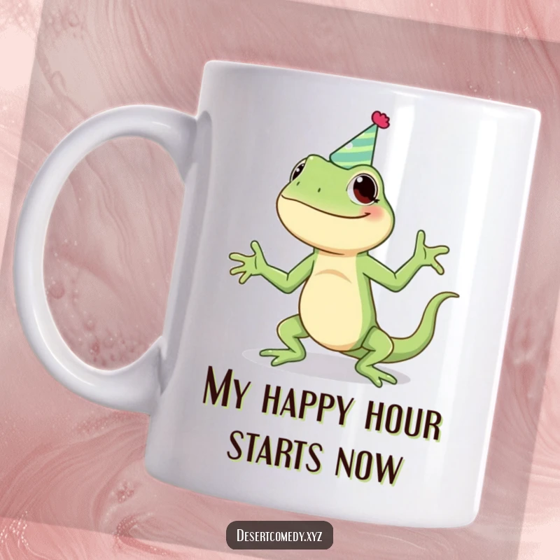 Funny mug with a giggling lizard wearing a party hat, doing a silly jig, capturing pure joy and hilarious celebration.