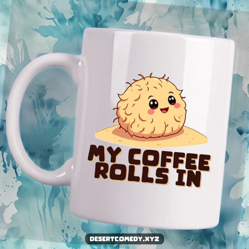Funny mug featuring a happy tumbleweed with cartoon eyes, joyfully rolling down a sandy desert dune with a sense of adventure.