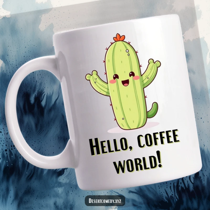 Funny mug featuring a happy saguaro cactus enthusiastically waving its arms with pure glee, embodying desert warmth.