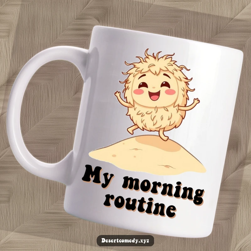Funny mug featuring a smiling tumbleweed joyfully bouncing on a sunny sandy dune, embodying playful desert freedom.