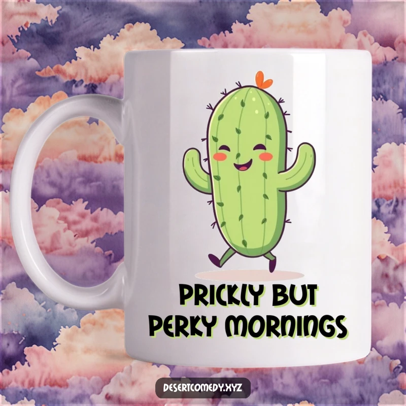 Funny mug showcasing a smiling saguaro cactus with tiny legs, joyfully skipping through a whimsical desert landscape.