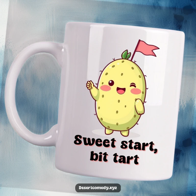 Funny mug featuring a cheerful prickly pear cactus with blushing cheeks, shyly waving a tiny flag in a friendly greeting.