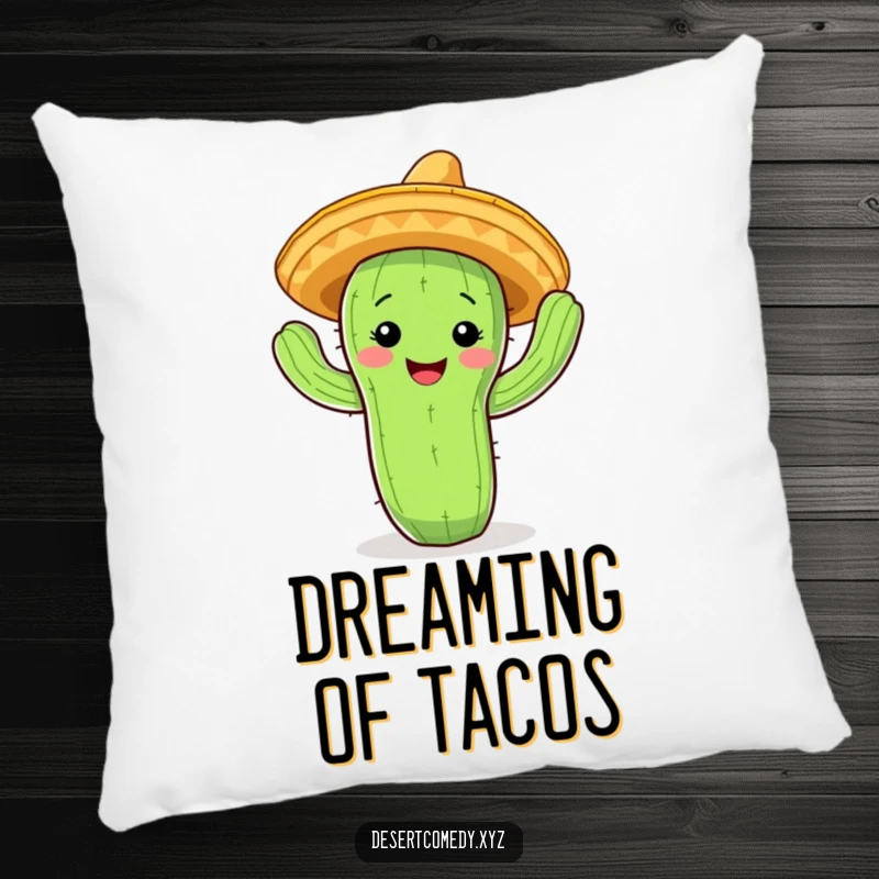 Funny cactus pillow with a smiling face and tiny sombrero, doing a lively jig, offering comfort and fun.