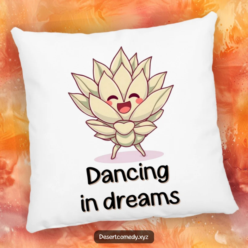 Funny decorative pillow featuring a cheerful agave plant doing a silly dance, offering comfort and a festive desert theme.