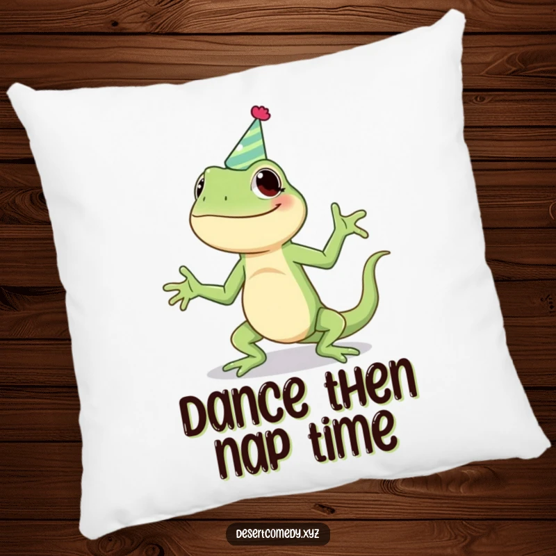 Funny pillow with a giggling lizard in a party hat, enthusiastically doing a silly jig, providing comfort and humor for any room.