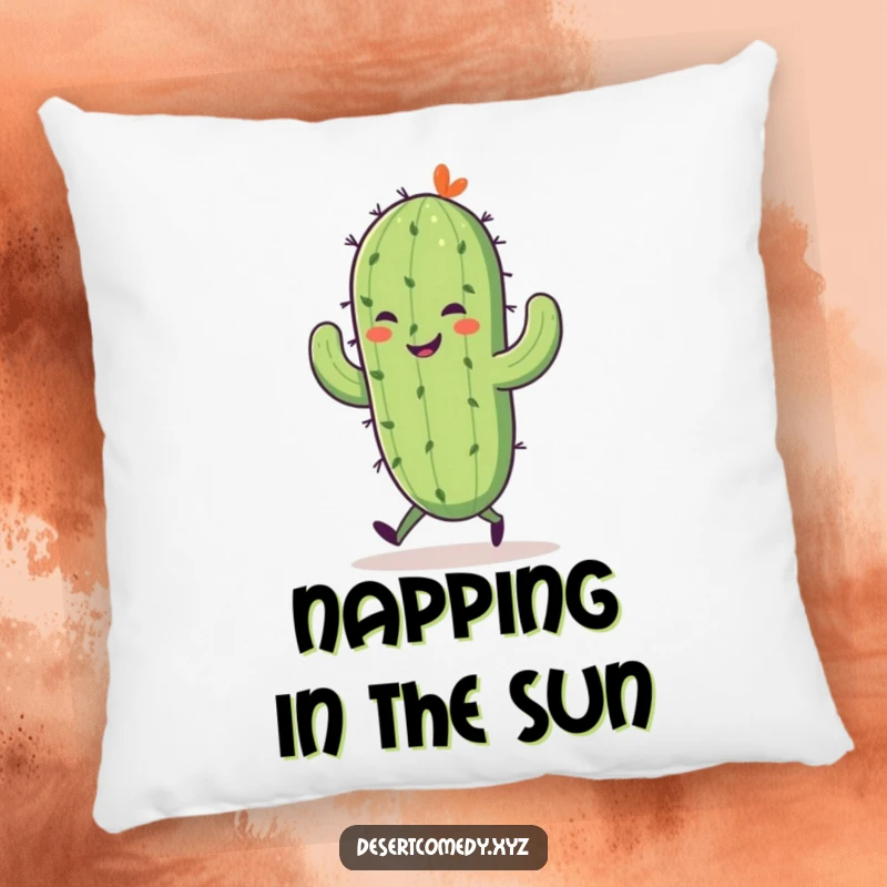 Funny pillow with a smiling saguaro cactus on tiny legs, joyfully skipping, offering both comfort and humorous desert aesthetics.