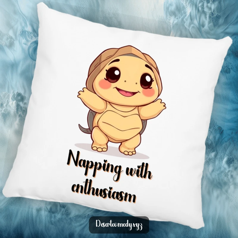 Funny pillow with a smiling desert tortoise with big happy eyes, dancing awkwardly, offering both comfort and humorous desert aesthetics.