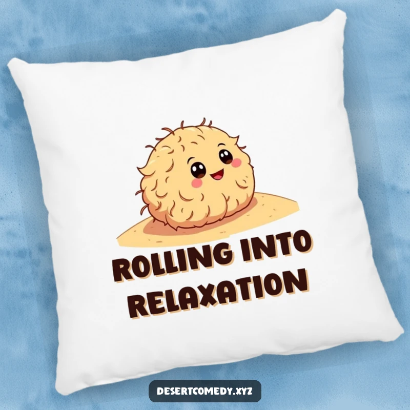 Funny pillow with a happy tumbleweed with cartoon eyes, rolling down a sandy dune, offering both comfort and humorous desert aesthetics.