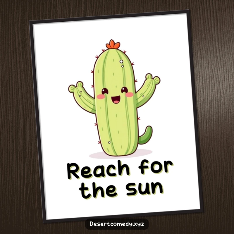 Funny digital art print of a happy saguaro cactus waving its arms with pure glee, capturing the essence of desert happiness.