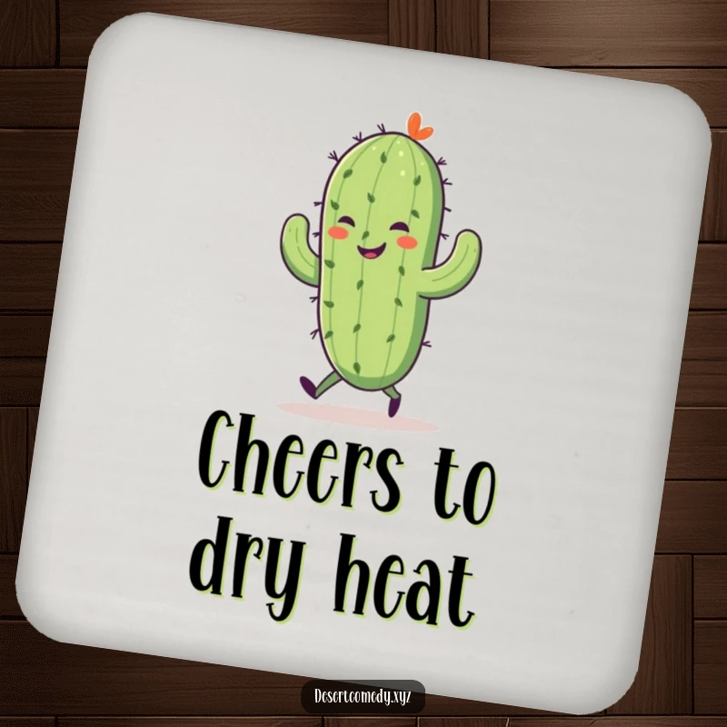 Funny drink coasters featuring a smiling saguaro cactus with tiny legs, joyfully skipping, perfect for adding humor to any table.