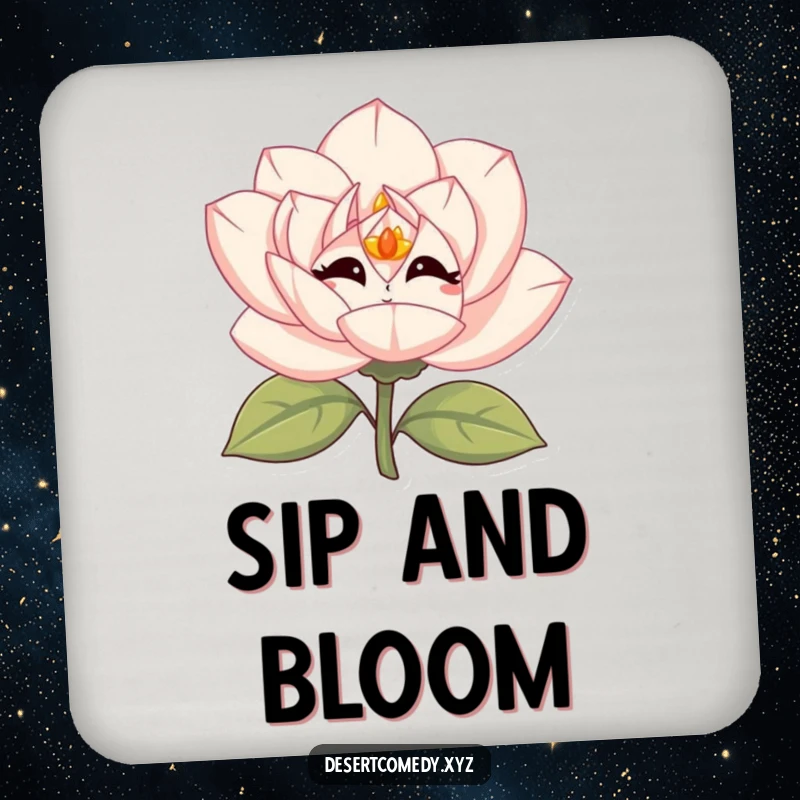 Funny desert rose drink coaster with simple eyes, giggling vibrantly, protecting your surfaces with a smile.