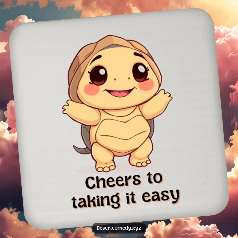 Funny drink coasters featuring a smiling desert tortoise with big happy eyes, dancing awkwardly with a charmingly happy expression.