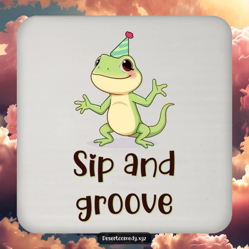 Funny drink coaster showcasing a giggling lizard in a party hat, performing a silly jig, protecting tables with humor and charm.