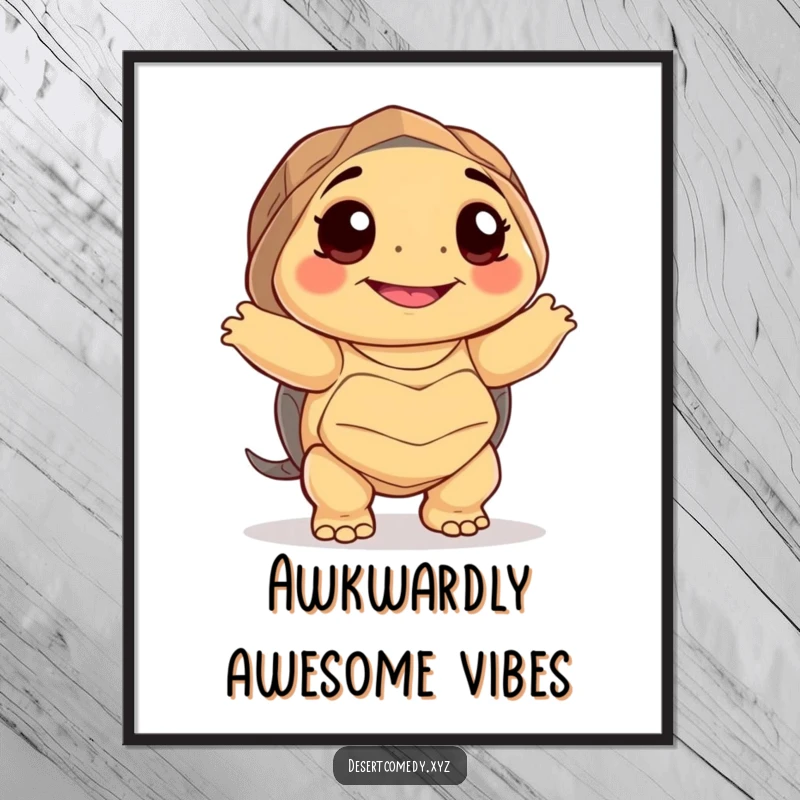 Funny poster of a smiling desert tortoise with big, happy eyes, dancing awkwardly with pure joy and infectious enthusiasm.