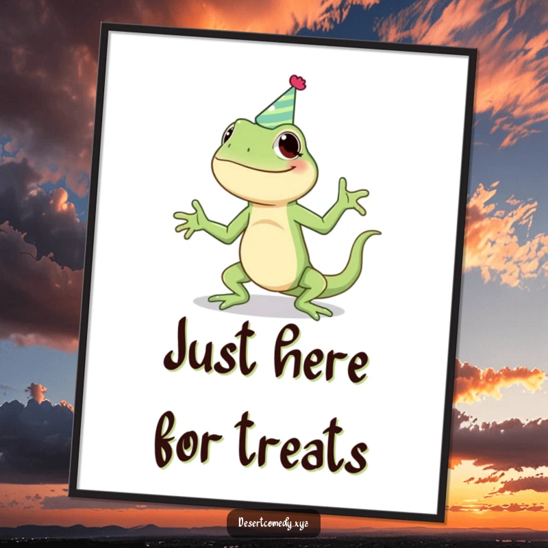 Funny poster featuring a giggling lizard wearing a party hat, captured mid-silly jig, bringing a lively and humorous atmosphere to any wall.