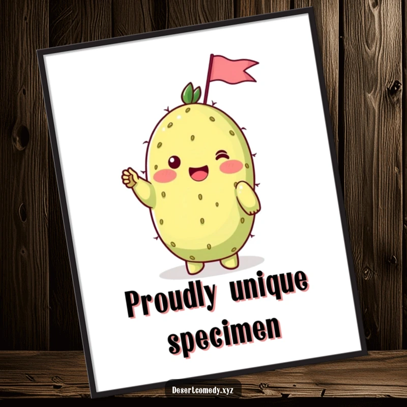 Funny poster of a cheerful prickly pear cactus with shy blushing cheeks, waving a tiny flag, conveying a sweet and friendly hello.