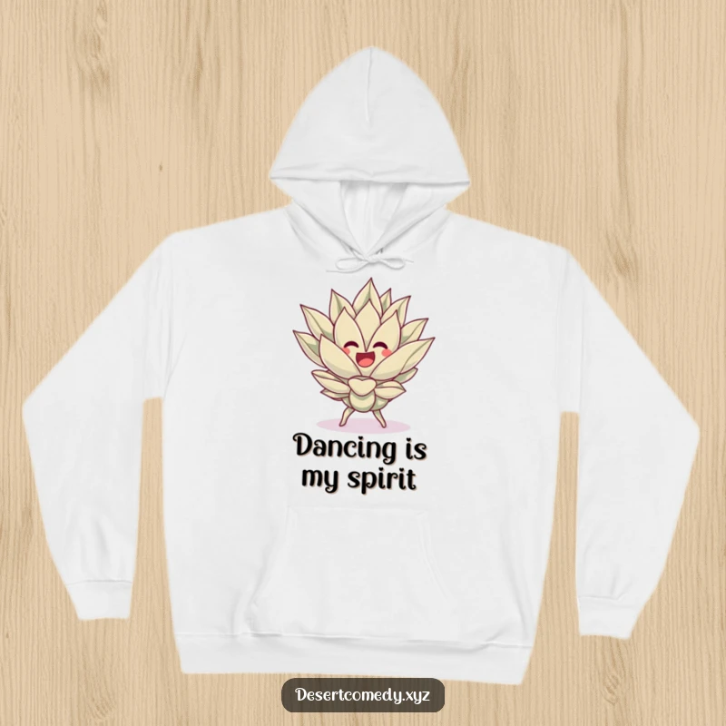 Funny hoodie showing a cheerful agave plant in the midst of a silly, energetic dance, bringing festive vibes.