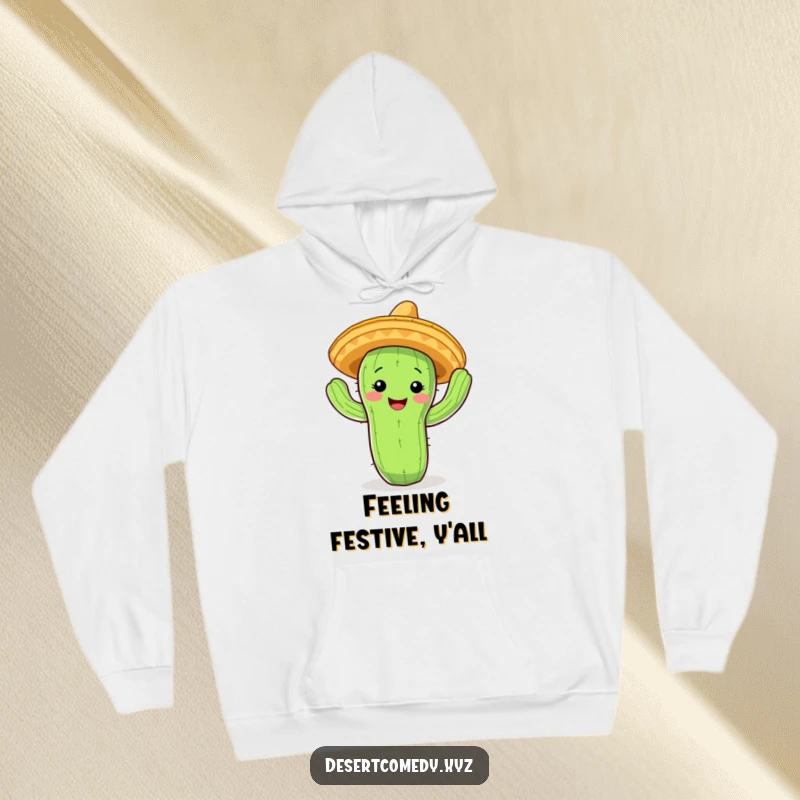 Funny cactus hoodie with a wide smile, wearing a tiny sombrero, performing a joyful jig.