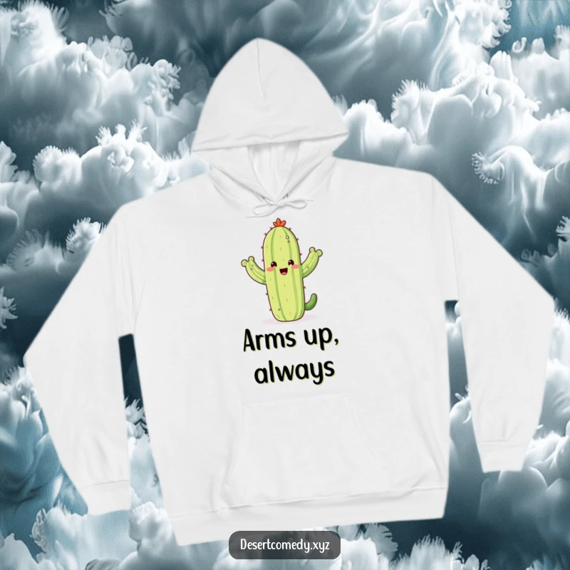 Funny hoodie featuring a jolly saguaro cactus waving its iconic arms with infectious enthusiasm, celebrating desert life.