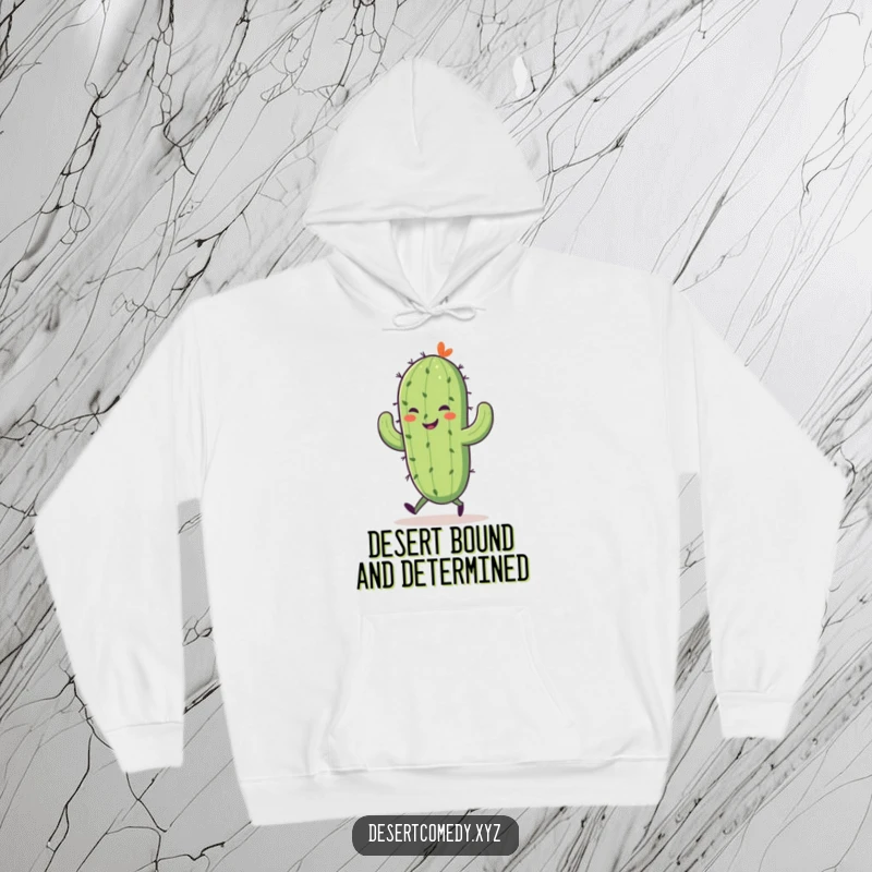 Funny hoodie depicting a smiling saguaro cactus with tiny walking legs, joyfully skipping in a fun, desert-themed design.