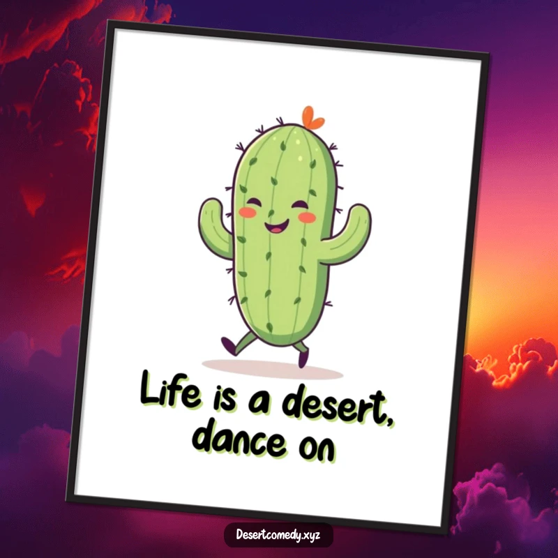 Funny Free Printable Wall Art: A smiling saguaro cactus with tiny walking legs skips joyfully, bringing desert humor.