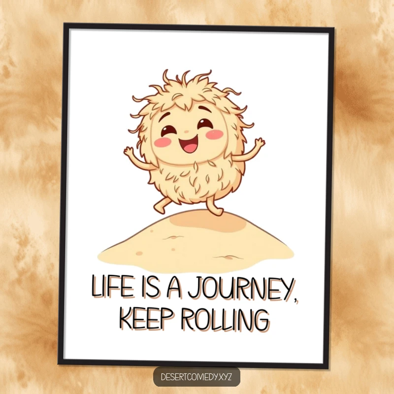 Funny Free Printable Wall Art: A smiling tumbleweed playfully bouncing on a vast sandy dune.
