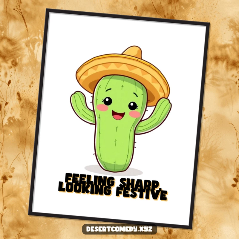 Funny free printable wall art: A smiling cactus adorned with a tiny sombrero, energetically performing a cheerful jig.