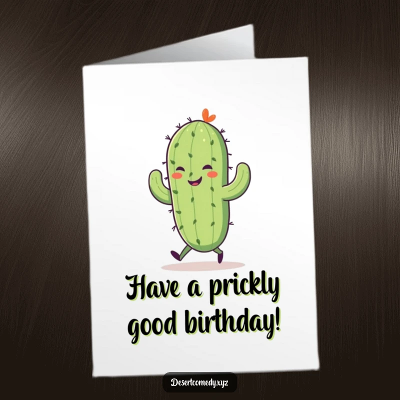 Funny Free Printable Birthday Card: Smiling saguaro cactus with tiny walking legs skipping joyfully, celebrating a birthday.