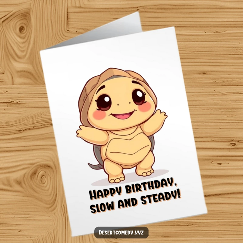 Funny Free Printable Birthday Card: Smiling desert tortoise with big happy eyes dancing awkwardly, celebrating a birthday.
