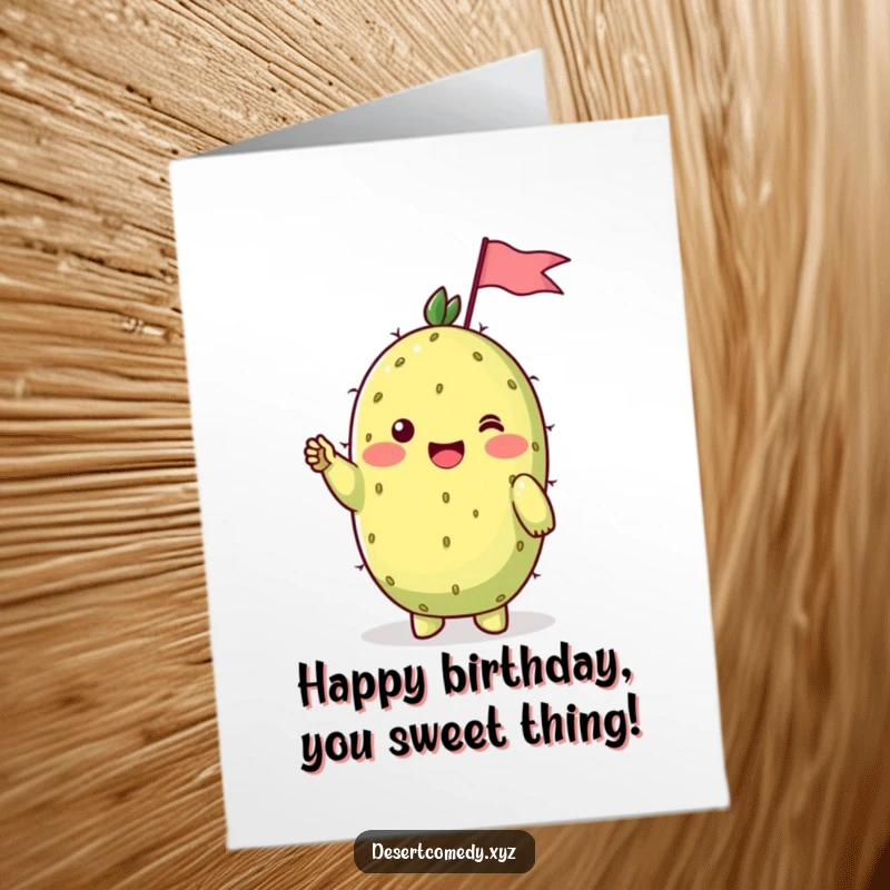 Funny Free Printable Birthday Card: Cheerful prickly pear with shy blushing cheeks waves a tiny flag, celebrating a birthday.