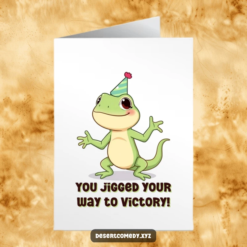 Funny Free Printable Congratulations Card: A giggling lizard wearing a party hat performs a hilarious, energetic jig to celebrate.