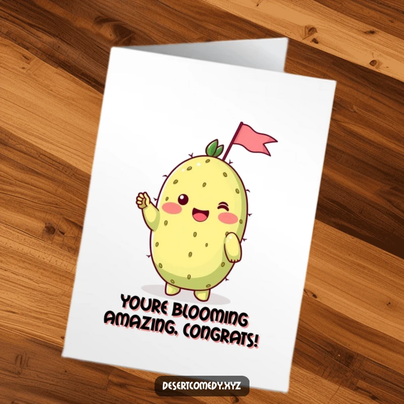 Funny Free Printable Congratulations Card: A cheerful prickly pear with blushing cheeks waves a tiny flag, celebrating success.