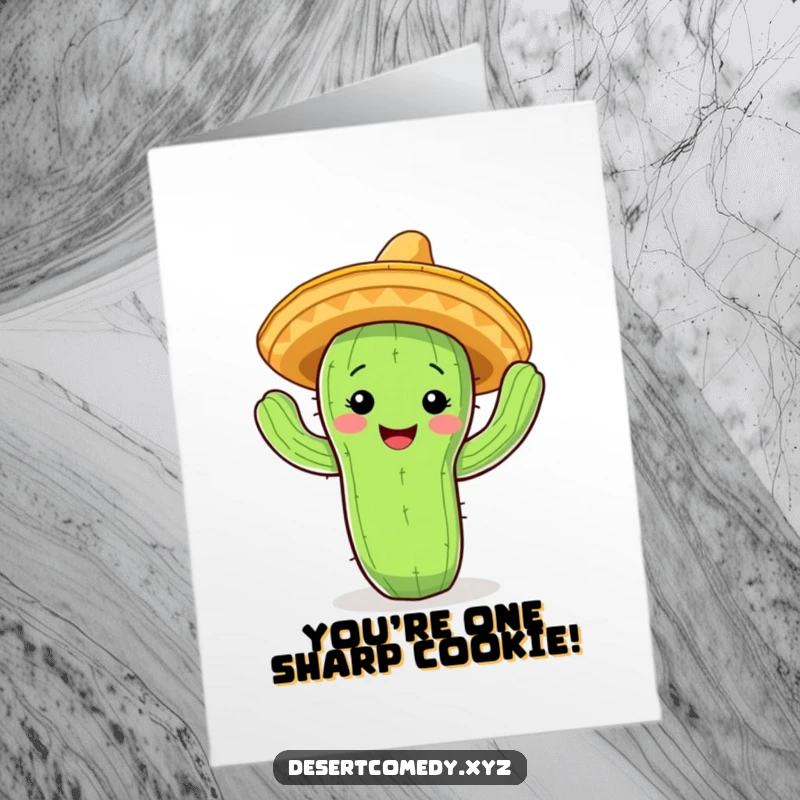 Funny free printable congratulations card: A smiling cactus sporting a tiny sombrero, joyfully performing a spirited jig.