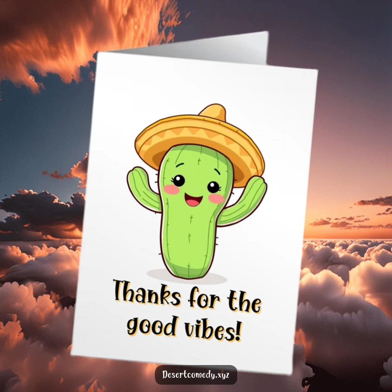 Funny free printable thank you card: A smiling cactus wearing a small sombrero, enthusiastically doing a jig to express thanks.