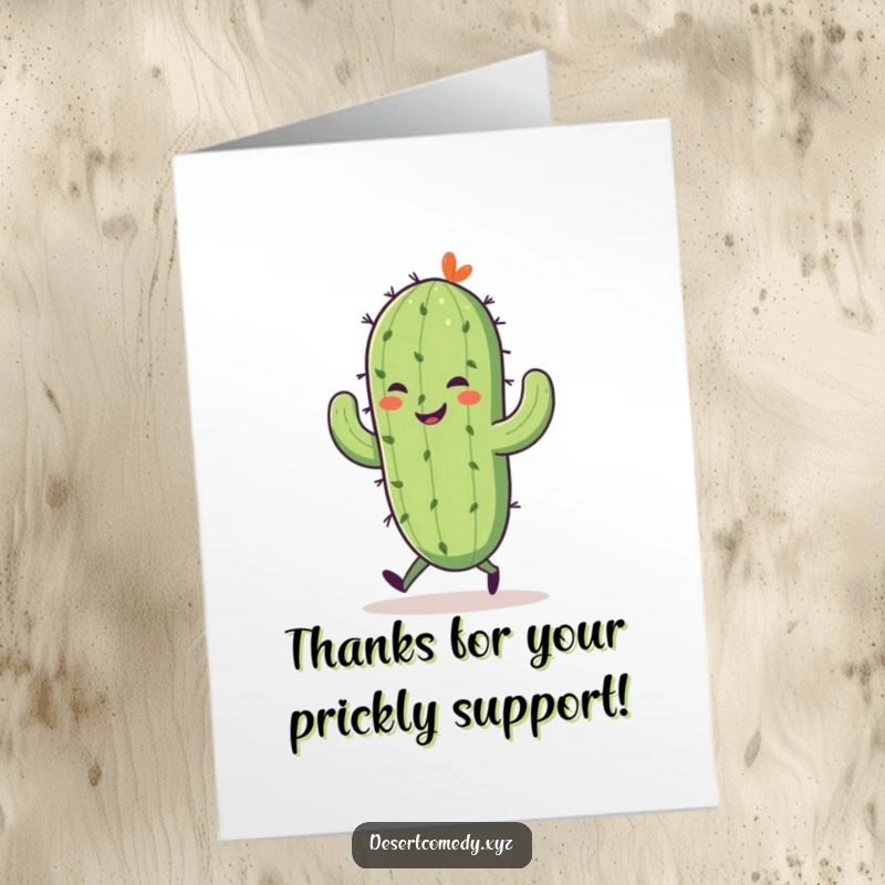Funny Free Printable Thank You Card: A smiling saguaro cactus with tiny walking legs joyfully skips, conveying thanks.