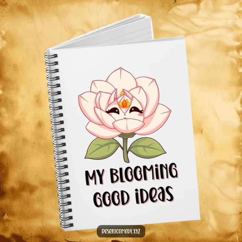 Funny desert rose notebook with simple eyes, giggling vibrantly, ideal for jotting down joyful notes.