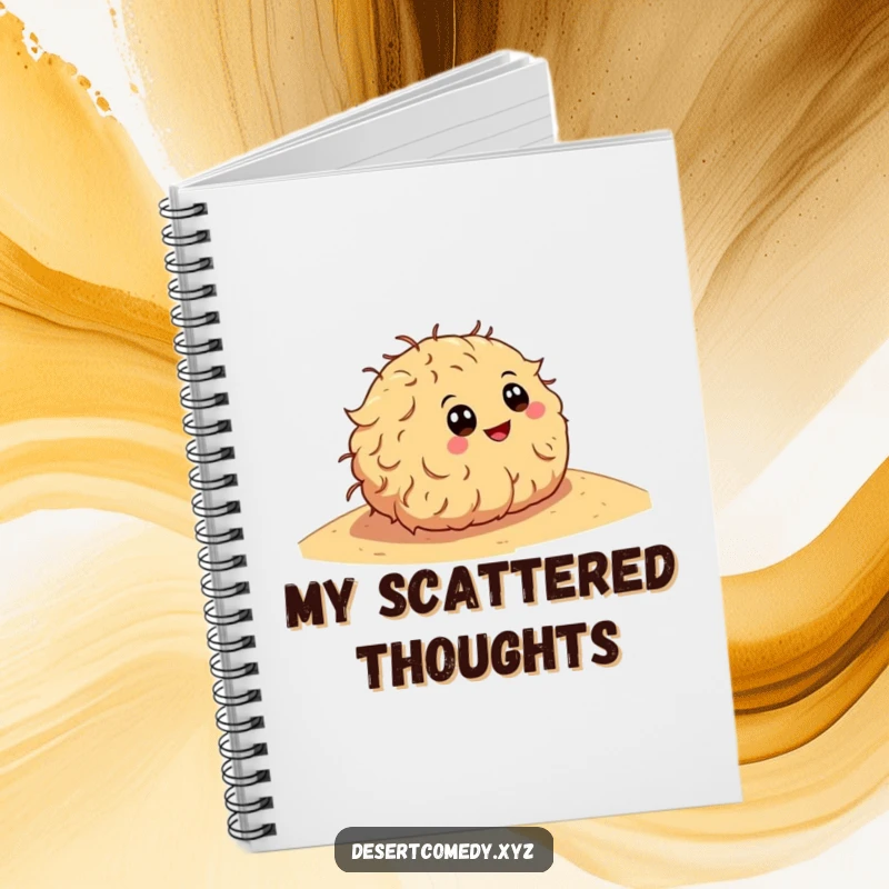 Funny notebook with a happy tumbleweed with cartoon eyes, rolling down a sandy dune, perfect for noting down creative and humorous ideas.
