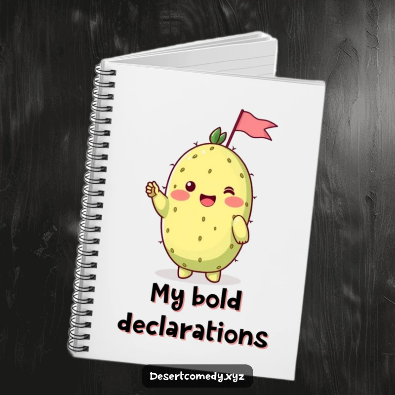 Funny notebook with a cheerful prickly pear cactus with shy blushing cheeks, waving a tiny flag, perfect for noting down sweet ideas.