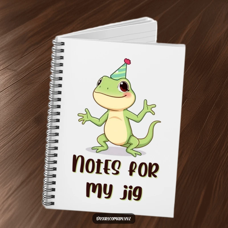 Funny notebook cover with a giggling lizard in a party hat, doing a silly jig, perfect for jotting down funny thoughts and ideas.