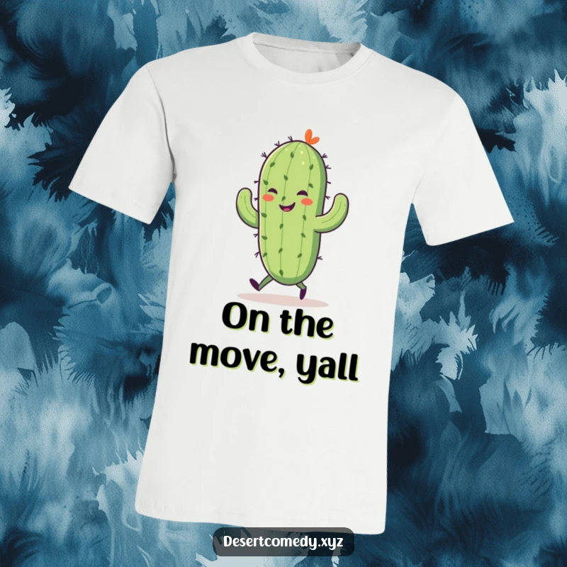 Funny t-shirt featuring a smiling saguaro cactus with adorable tiny legs, captured mid-skip in a cheerful desert scene.