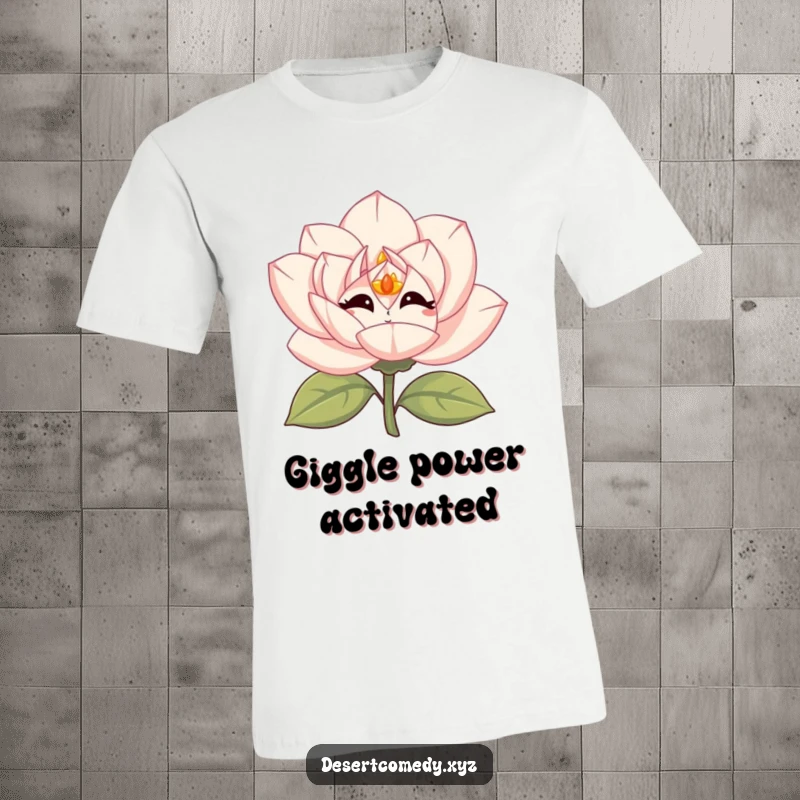 Funny desert rose t-shirt featuring a bloom with simple eyes, captured mid-giggle with vibrant energy.